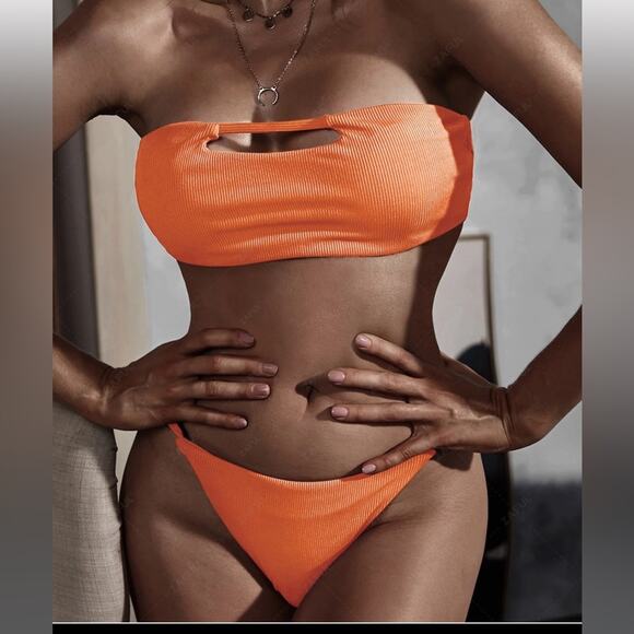 ZAFUL Ribbed Lace Up Bandeau String Bikini Swimsuit - Orange L NWT - Picture 1 of 8